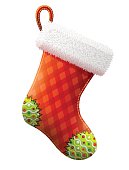 Decorative red sock with white fur and patches. Qualitative vector illustration for christmas, new year, decoration, winter holiday, silvester, tradition, etc. It has transparency, blending modes, gradients