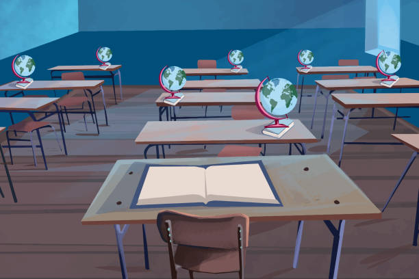 illustrazioni stock, clip art, cartoni animati e icone di tendenza di aula vuota con globi sulle scrivanie - stankovic
