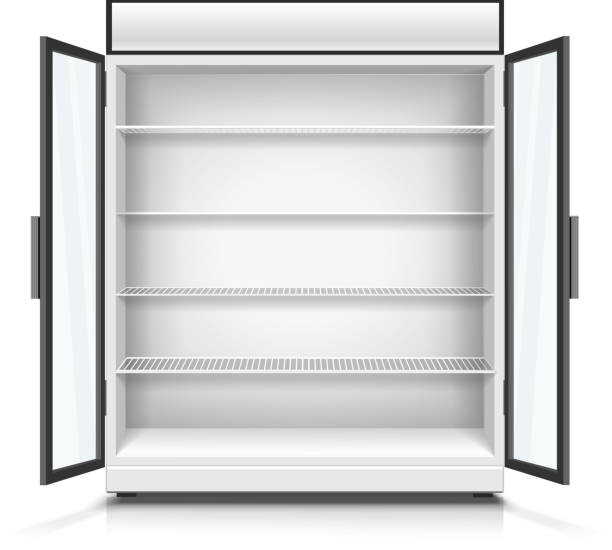 Empty commercial fridge with shelves and opened doors. Realistic empty commercial fridge with shelves and opened doors isolated vector illustration supermarket clipart stock illustrations