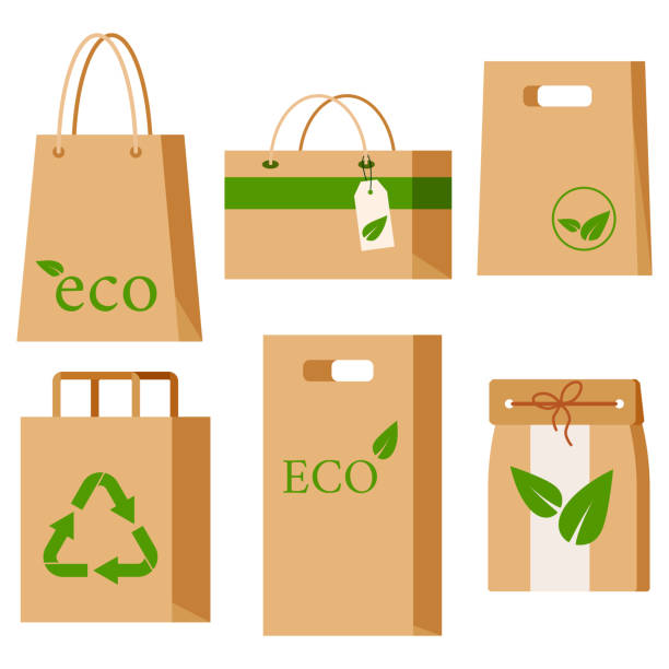 ilustrações de stock, clip art, desenhos animados e ícones de empty eco packaging for goods set isolated on white background. - paper bag craft