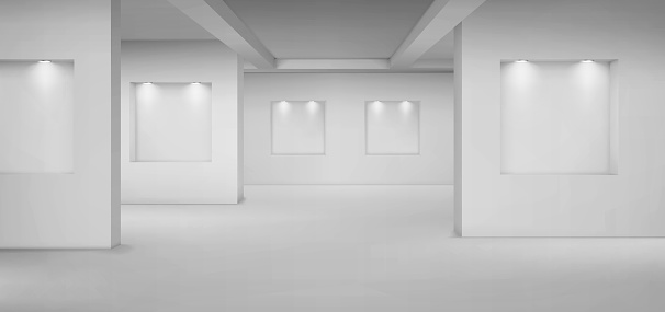 Empty gallery with empty niches with spotlights