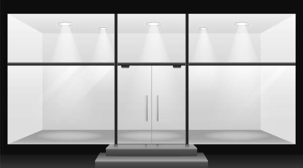 Empty lighted room template. Blank store showcase with glass panels and steps Empty lighted room template. Blank store showcase with glass panels and steps white led lamps burning inside realistic interior for vector presentation. store window stock illustrations