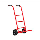 istock Empty Metal Hand Truck. Hand Truck with two handle and two wheels to carry cardboard boxes. Flat and solid color vector illustration. 1368055464