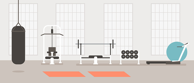 Empty modern gym concept. Vector flat cartoon graphic design illustration