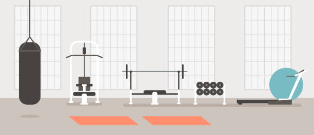пустая современная концепция тренажерного зала. вектор плоский мультфильм графический дизайн иллюстрации - gym stock illustrations