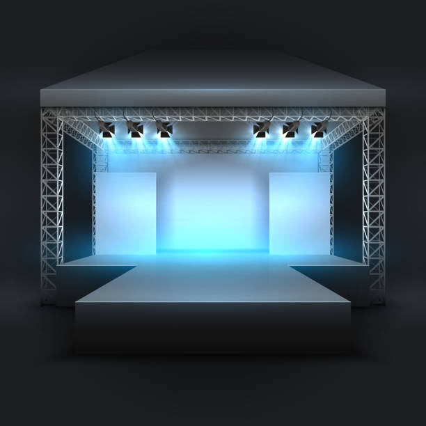 Empty music show stage with spotlights beams. Concert performance podium vector backdrop Empty music show stage with spotlights beams. Concert performance podium vector backdrop. Illustration of entertainment with spotlightl, scene podium concert stock illustrations