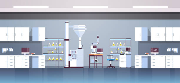 빈 사람 화학 연구소 다른 장비 과학자 작업장 과학 교육 화학 개념 현대 실험실 내부 평면 수평 - 실험실 stock illustrations