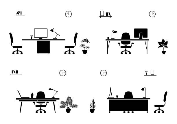 illustrations, cliparts, dessins animés et icônes de jeu d’icônes de chambre bureau vide. fond de silhouette de meubles - open space