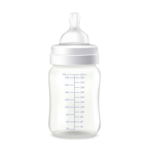 Empty plastic baby bottle isolated on white background. Plastic container with measurements, newborn baby milk bottle with silicone nipple Realistic 3d vector illustration. Empty plastic baby bottle isolated on white background. Plastic container with measurements, newborn baby milk bottle with silicone nipple Realistic 3d vector illustration. baby formula stock illustrations