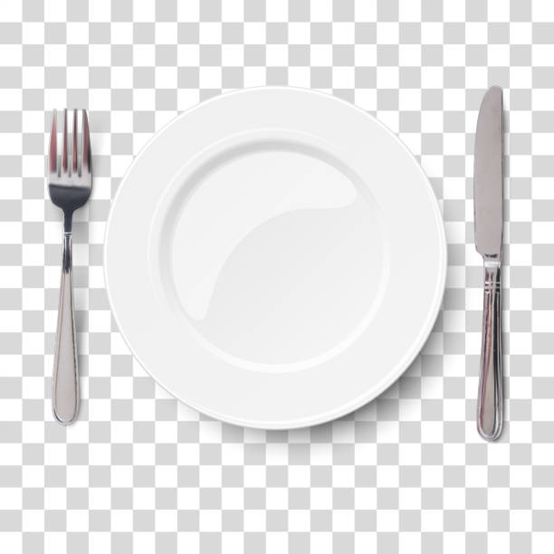 Empty plate with knife and fork isolated on a transparent chequered background. View from above. Empty plate with knife and fork isolated on a transparent chequered background. View from above. table knife stock illustrations