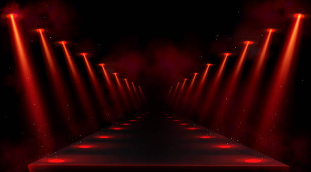 illustrazioni stock, clip art, cartoni animati e icone di tendenza di podio vuoto illuminato da faretti rossi - red spotlight