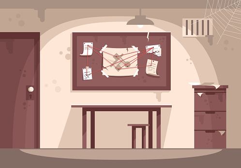 Empty police cabinet flat vector illustration. Escape room interior. Detective workplace, crime investigation, solving mysteries. Quest room. Modern entertainment, investigation game