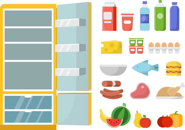 Empty refrigerator and different food. Vector flat illustrations Empty refrigerator and different food. Vector flat illustrations. Refrigerator and food fresh, milk bottle and meat, vegetable and fruit cheese clipart stock illustrations