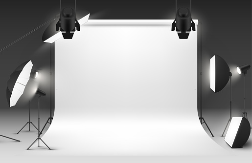 Empty room photography studio interior with white paper background and spotlights realistic vector