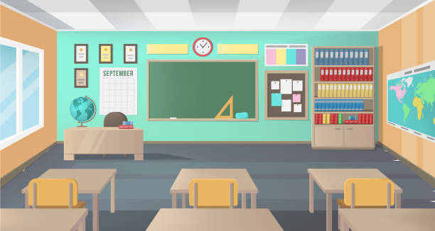 ilustraciones, imágenes clip art, dibujos animados e iconos de stock de aula escuela vacía - classroom