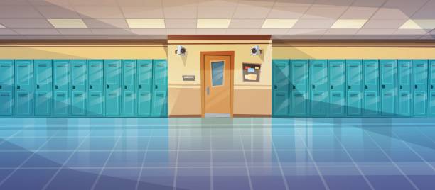 ilustrações de stock, clip art, desenhos animados e ícones de empty school corridor interior with row of lockers horizontal banner - changing room