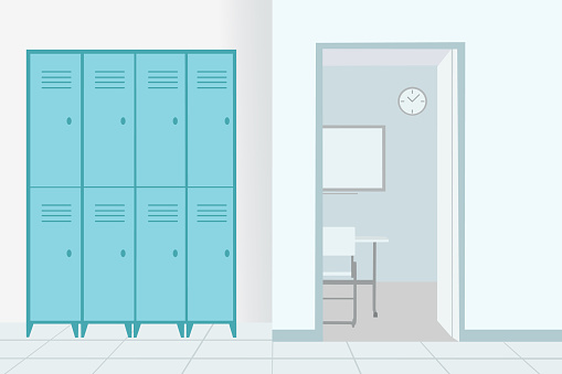 Empty School Corridor With Lockers And Open Door In Classroom