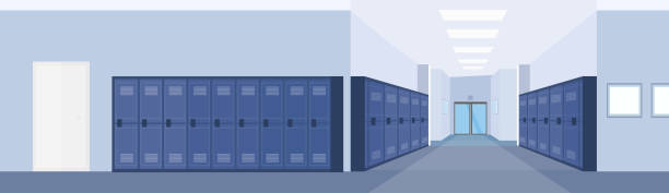 ilustraciones, imágenes clip art, dibujos animados e iconos de stock de vacío escuela pasillo vestíbulo interior con fila de armarios azules bandera horizontal plana - salon de clases