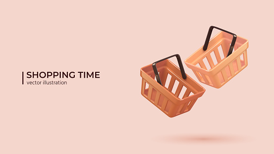 Empty shopping baskets on pink background in cartoon minimal style.