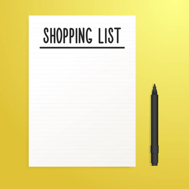 Empty Shopping List page with black pen and yellow Background. Vector illustration template with copy space vector eps10 shopping list stock illustrations