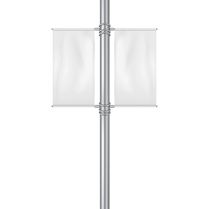 Empty street light pole banner isolated on white background - realistic vector mock-up. Blank streetlight display mockup. Poster sign. Template for design
