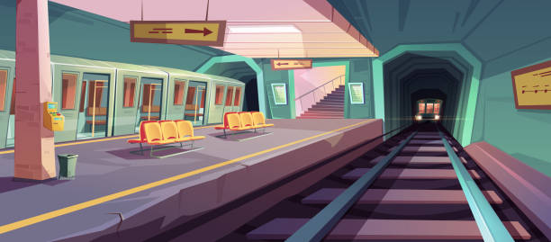 ilustrações de stock, clip art, desenhos animados e ícones de empty subway platform with arriving trains - stairs subway