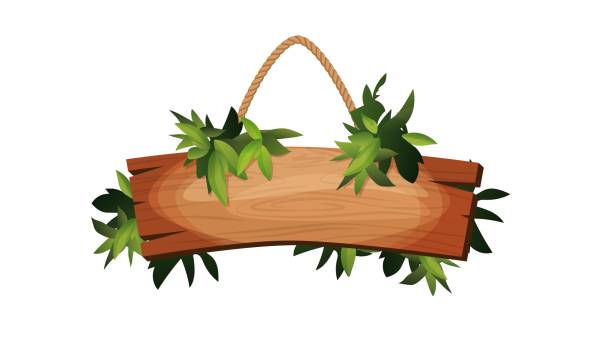 stockillustraties, clipart, cartoons en iconen met empty wooden planks hanging on ropes with tropical leaves. retro banners for game. cartoon vector illustration. - plankje plant touw