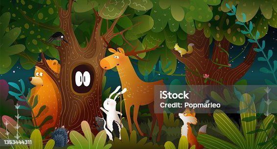 istock Enchanted Spooky Forest at Night with Animals Tale 1353444311