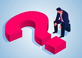 istock Encountered problems and troubles, frustrations and disappointments, isometric businessman sitting on briefcase facing the question mark 1341018914