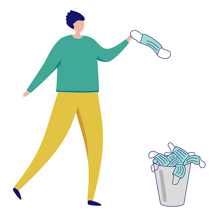 End of pandemic and quarantine. Guy throws a face mask into a bins.  Bucket with used face masks. A man with a medical mask in his hand. Stylized flat vector illustration. Isolated on a white.