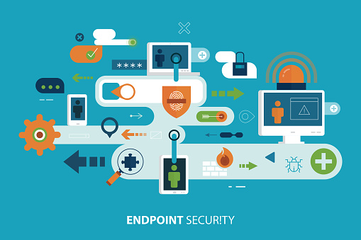Flat vibrant vector illustration depicting endpoint security.