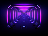 istock Endless futuristic tunnel glowing neon illumination vector 1129199625