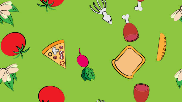 niekończący się zielony bezszwowy wzór z zestawu ikon pysznych produktów spożywczych i przekąsek do kawiarni w barze restauracyjnym: pizza, mięso, szynka, pistacje, pomidor, chleb, bochenek, rzodkiewka, kalmary. tło - meat loaf stock illustrations