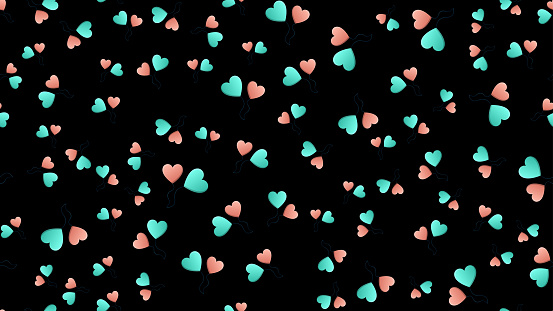 Endless seamless pattern of beautiful festive love joyful tender heart-shaped balloons on a black background. Vector illustration