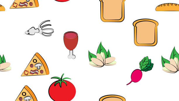피자, 고기, 햄, 피스타치오, 토마토, 빵, 덩어리, 무, 오징어 : 맛있는 음식과 레스토랑 바 카페에 대한 간식 항목의 아이콘 세트에서 끝없는 흰색 원한 패턴. 배경 - meat loaf stock illustrations