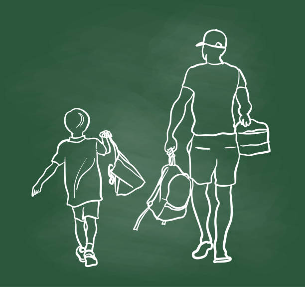 Energetic Chalkboard Man and young boy strolling enthusiastically. drawing of family picnic stock illustrations