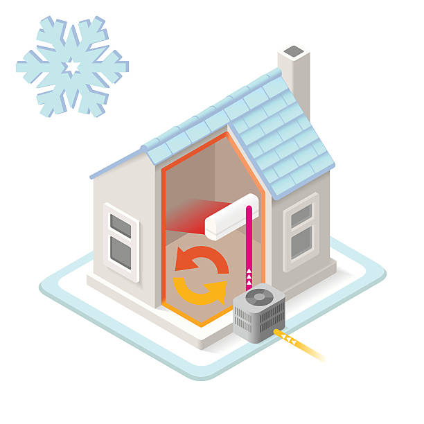 Energy Chain 01 Building Isometric Heat Pump House Heating System Infographic Icon Concept. Isometric 3d Soften Colors Elements. Air Conditioner Heat Providing Chart Scheme Illustration oil pump stock illustrations