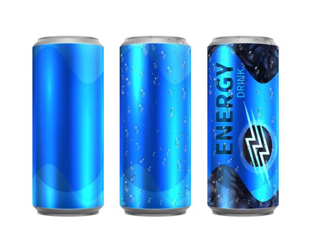Energy drink metal can. Realistic aluminium cans of cold coffee. Drinks bottle with water drops vector mockup vector art illustration
