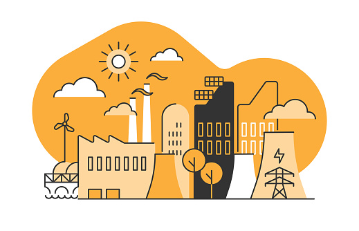 Energy & heavy industry—flat monoline illustration of urban skyline with editable stroke