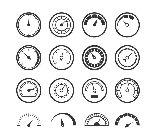 Energy meter icon. Speedometer manometer tachometer industrial control auto electrical tester speed measure line set Energy meter icon. Speedometer manometer tachometer industrial control fuel auto electrical tester speed power measure line vector set dial stock illustrations