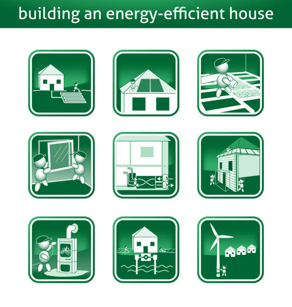 stockillustraties, clipart, cartoons en iconen met energiebesparing huis energie opslaan huis te bouwen warmte - warmtepomp