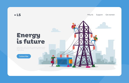 Energy Station Powerline in City Landing Page Template. Electrician Workers Characters with Tools, Equipment Electric Transmission Tower Maintenance, Line Poles. Cartoon People Vector Illustration