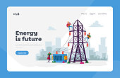 istock Energy Station Powerline in City Landing Page Template. Electrician Workers Characters with Tools, Equipment Electric Transmission Tower Maintenance, Line Poles. Cartoon People Vector Illustration 1237467648