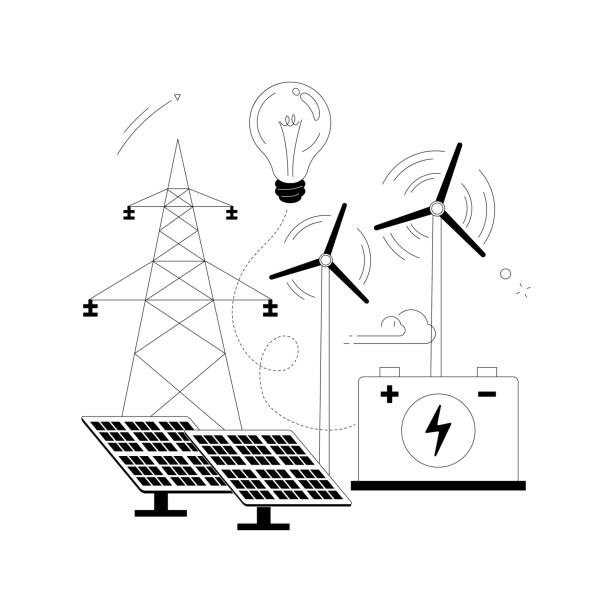 Energy storage abstract concept vector illustration. Energy storage abstract concept vector illustration. Energy collection methods, electrical power grid, accumulator battery, solar panel, wind turbine, renewable technologies abstract metaphor. energy storage stock illustrations