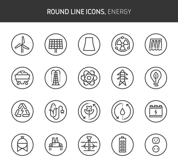 thema energie, runde linie symbole - icon renewable solar thermal energy stock-grafiken, -clipart, -cartoons und -symbole
