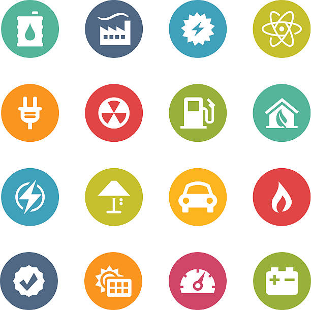 Energy-themed colorful round icon set vector art illustration