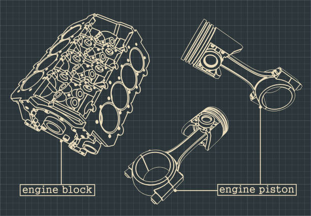 Engine block blueprints Stylized vector illustration of the drawings of the cylinder block of the v-engine and the cylinders themselves car drawings stock illustrations