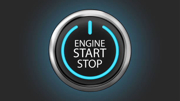 Engine start stop button with blue shine on off sign vector art illustration