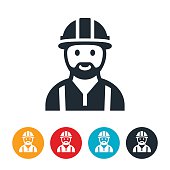 An icon of an engineer or construction worker. The engineer is shown from the chest up. The person has a beard and hard hat on. The person is also wearing a safety vest.