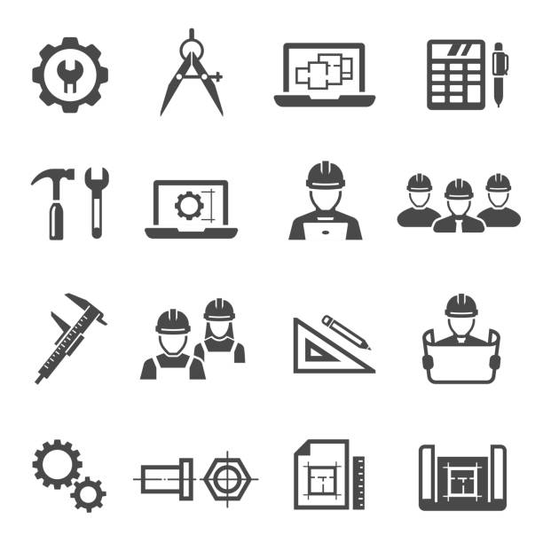 Engineering, architecting black icons set isolated on white. Engineering, architecting black icons set isolated on white. Project management, construction tools, workers pictograms collection, logos. Repairing equipment vector elements for infographic, web. icon designs stock illustrations
